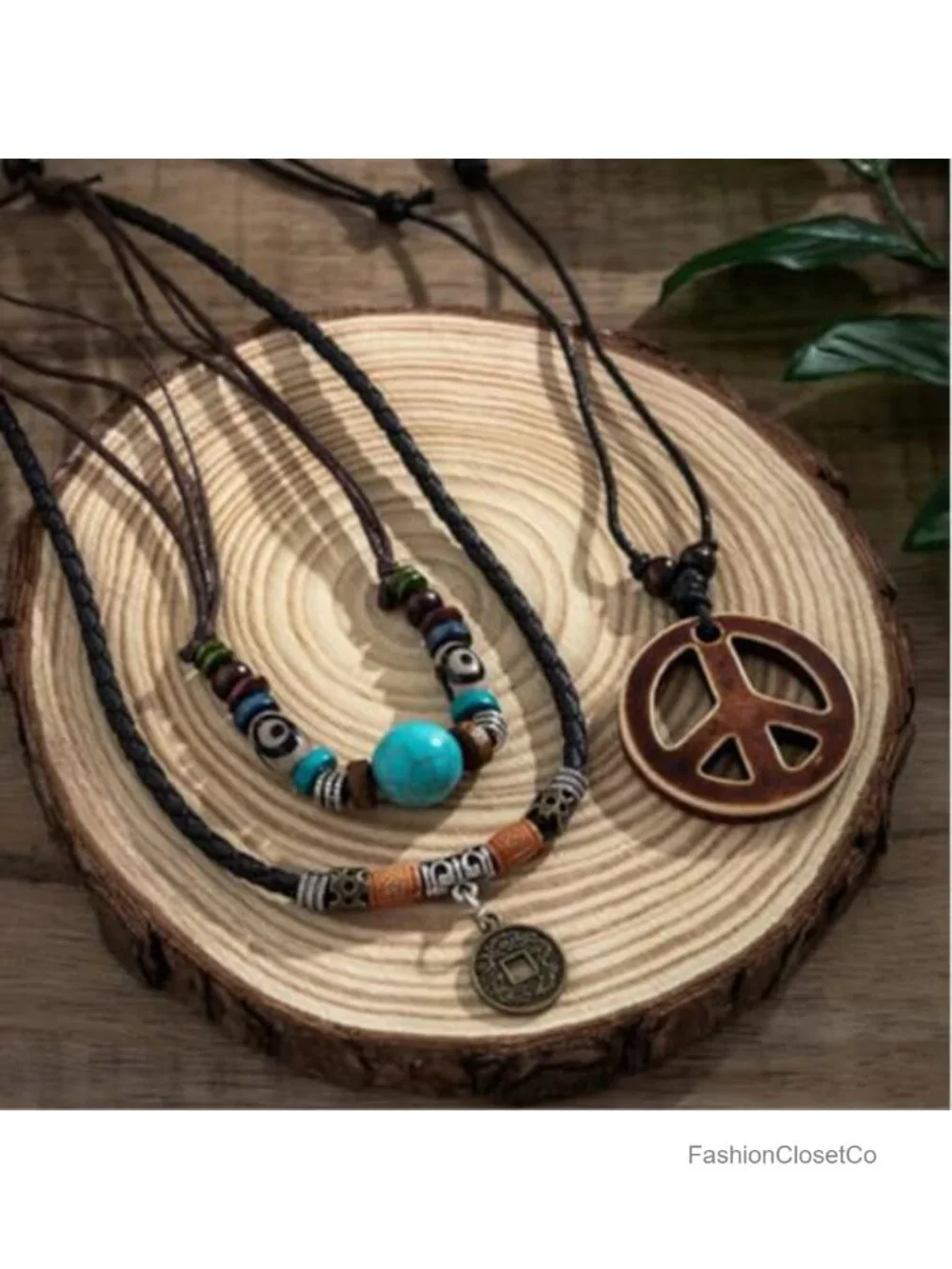 Boho Peace Sign Pendant Necklace with Coconut Wood Beads, Leather Cords -